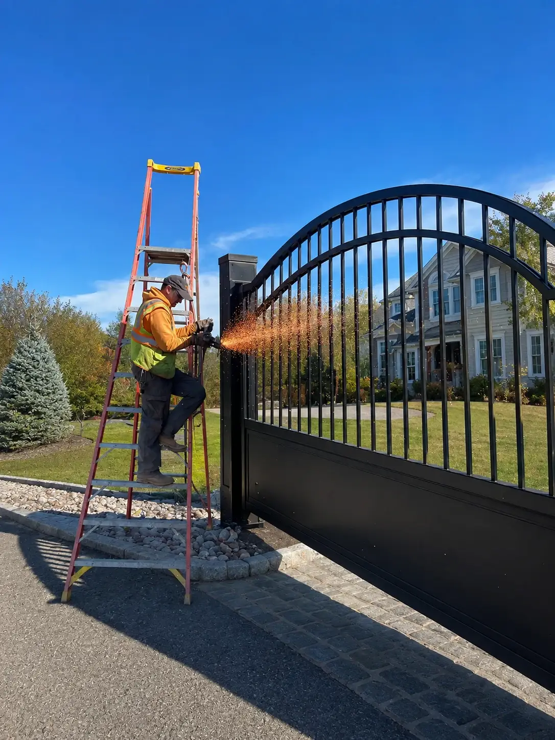 Iron Pulse Weld welder on a ladder working on a residential steel driveway gate, sparks flying